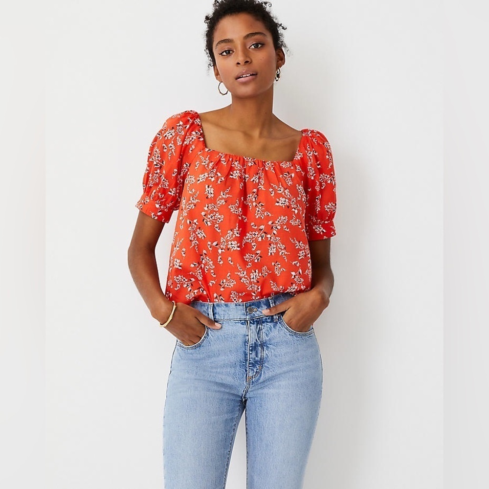 Ann Taylor floral square neck puff sleeve shirt size XL orange